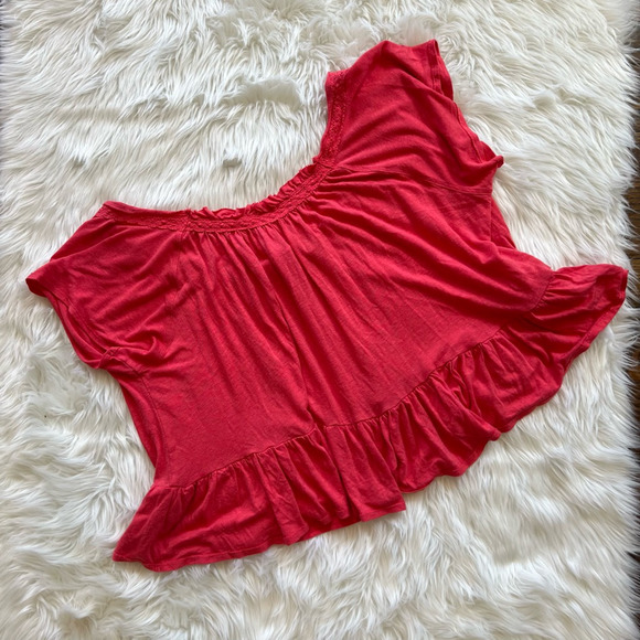 Free People Womens Camelia Peplum Top Red Short Sleeve Scoop Neck Buttons M - Picture 2 of 7